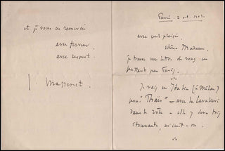 Massenet, Jules. (1842-1912) Autograph Letter mentioning Thais, Cid and Sapho!