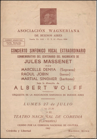 Massenet, Jules. (1842-1912) [Wolff, Albert. (1884-1970)] 1942 Centenary Commemoration Concert Program