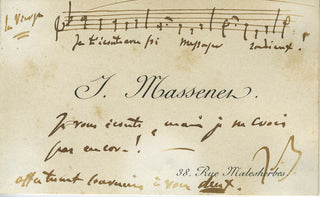 Massenet, Jules. (1842-1912) Printed Visiting Card with Autograph Musical Quotation from "La Vierge"