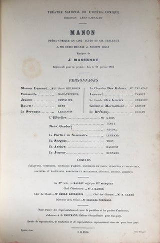 Massenet, Jules. (1842-1912) "Manon" - Signed and Inscribed to the Director of the Théatre-Royal at Anvers