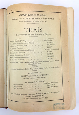 Massenet, Jules. (1842-1912) Thais. Comédie Lyrique en 3 Actes et 7 Tableaux.