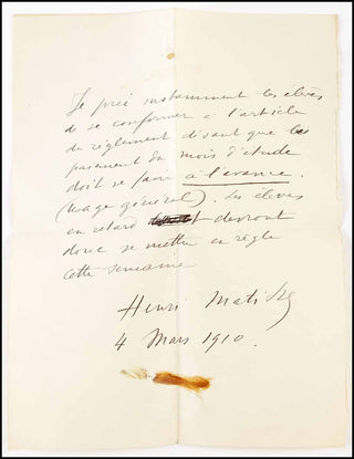 [Literature & Art] Matisse, Henri. (1869-1954) Autograph Letter with a smudge of paint!