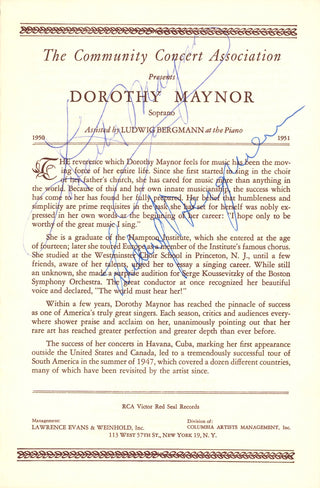 Maynor, Dorothy. (1910–1996) & Bergmann, Ludwig. (1903–1969) Signed Program