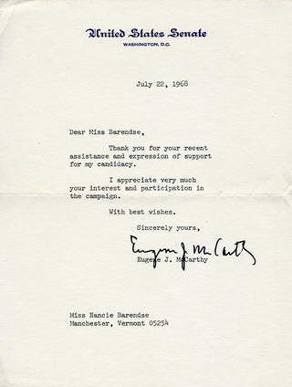 McCarthy, Eugene J. (1916–2005) [Monteux Barendse, Nancie. (1917–2013)] [Monteux, Pierre. (1875–1964)] Typed Letter Signed from the 1968 Presidential Campaign