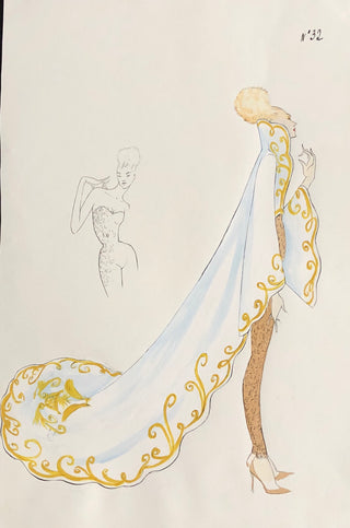 McQueen, Lee Alexander. (1969 - 2010) Original Drawing for his First Givenchy Haute Couture Collection (trained coat with body suit)