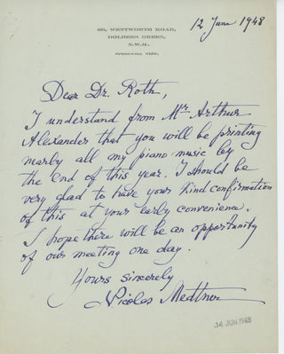 Medtner, Nikolai. (1880–1951) [Roth, Ernst. (1896–1971)] Autograph Letter to his London Publisher