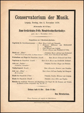 [Mendelssohn-Bartholdy, Felix. (1809–1847)] Original 1870 Memorial Concert Program