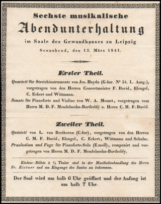 Mendelssohn-Bartholdy, Felix. (1809–1847) Original 1841 Leipzig Recital Program