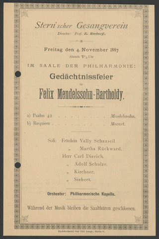 [Mendelssohn-Bartholdy, Felix. (1809–1847)] Original 1887 Concert Program in Memory of Mendelssohn