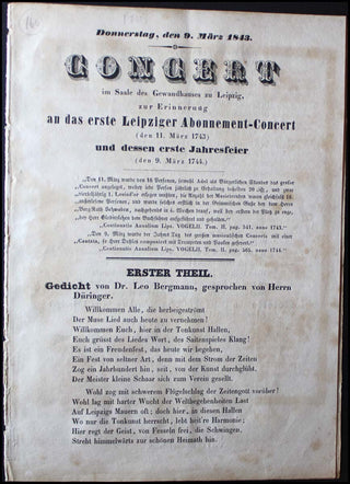 [Mendelssohn-Bartholdy, Felix. (1809–1847)] [Beethoven, Ludwig van. (1770–1827)] Important 1843 Leipzig Program of Mendelssohn conducting Beethoven's Ninth Symphony