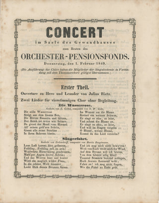 [Mendelssohn-Bartholdy, Felix. (1809–1847)] [Rietz, Julius. (1812–1877)] Frege, Livia. (1818–1891) Original 1849 Program including first Leipzig performance of Mendelssohn's "Athalia"