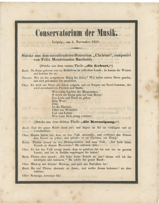 [Mendelssohn-Bartholdy, Felix. (1809–1847)] Original 1851 Leipzig Conservatory Program on the Anniversary of the Composer's Death