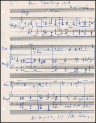 [20th Century Composer Musical Quotations] Mennin, Peter. (1923 - 1983) "Symphony No. 5" - Autograph Musical Quotation