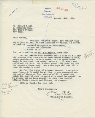 Menotti, Gian Carlo. (1911–2007) [Scott, Howard, (1920–2012)] Typed Letter Signed regarding "Amahl and the Night Visitors"