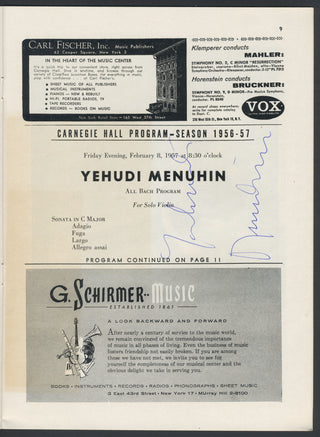 Menuhin, Yehudi. (1916–1999) Signed Carnegie Hall Program