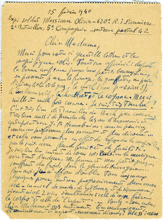 Messiaen, Olivier. (1908–1992) Important Early Autograph Letter: "I must forget our physical ailments and return gradually to my rainbow of modes, of rhythms, and of resonance."