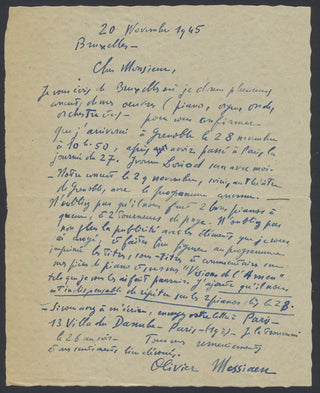 Messiaen, Olivier. (1908–1992) Autograph Letter about "Visions de l'Amen"