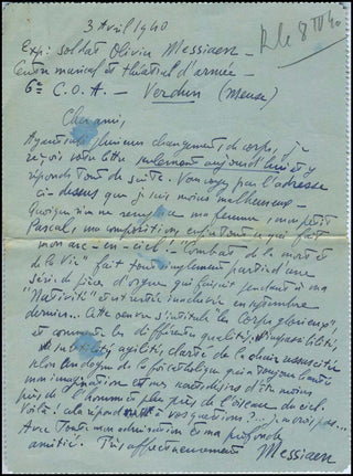 Messiaen, Olivier. (1908–1992) Important Autograph Letter