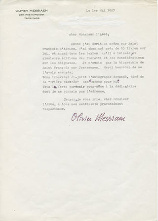 Messiaen, Olivier. (1908–1992) Typed Letter Signed on his sources for "Saint François d'Assise"