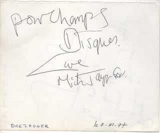 [Rolling Stones] Jagger, Mick. (b. 1943) & Jarre, Jean Michel. (b. 1948) Autograph Signatures to Champs Disques in Paris