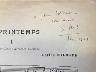 Milhaud, Darius. (1892–1974) "Printemps" - Signed and Inscribed to Jean Wiener