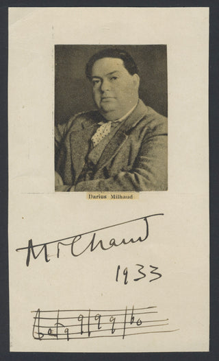 Milhaud, Darius. (1892–1974) Autograph Musical Quotation with Photograph