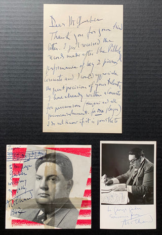 Milhaud, Darius. (1892–1974) Autograph Musical Quotation, Letter and Photograph Ensemble to an important Percussionist