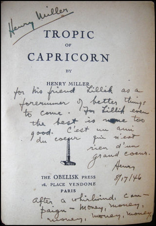 [Literature] Miller, Henry. (1891 - 1980) Tropic of Capricorn - INSCRIBED