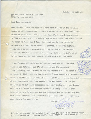 Millett, Kate. (1934–2017) "I see that I'm listed as talking about La rivoluzione della donne- that's fine- might as well leave it at that..." - Typed Letter Signed