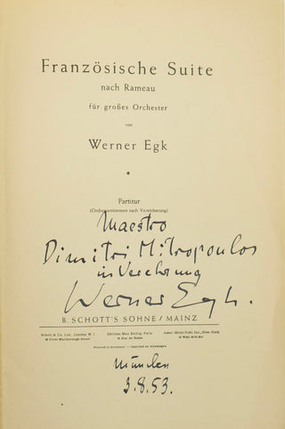 [20th Century Composers] [Mitropoulos, Dimitri. (1896–1960)] Aubert, Louis; Egk, Werner; Mihalovici, Marcel; Mohaupt, Richard; Starer, Robert. Collection of study scores inscribed to the Greek conductor