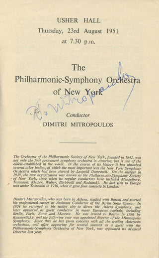 Mitropoulos, Dimitri. (1896–1960) Signed Program