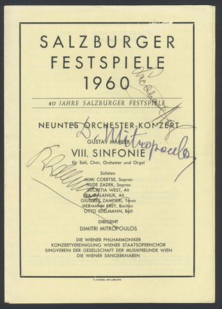 [Mahler, Gustav. (1860–1911)] Mitropoulos, Dimitri. (1896–1960) & West, Lucretia. (b. 1922) & Edelmann, Otto. (1917–2003) Signed Program