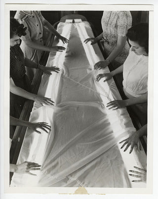 [Literature & Art] [Modernist Photograph] Modernist WWII Press Photograph of Women Testing Parachutes for Flaws with Light