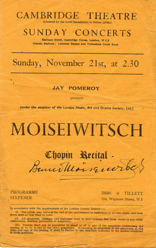 Moiseiwitsch, Benno. (1890  - 1963) Signed Program