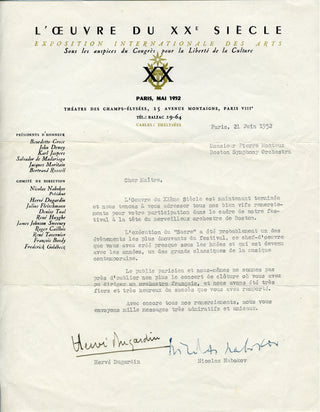 [Monteux, Pierre. (1875–1964)] Dugardin, Hervé. (1910–1969) & Nabokov, Nicolas. (1903–1978) Typed Letter Signed about 1952 Performance of Rite of Spring