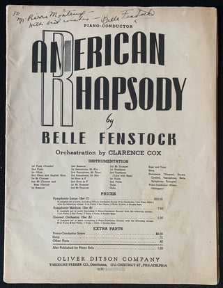 Fenstock, Belle. (1914–1997) [Monteux, Pierre. (1875–1964)] "American Rhapsody" - Inscribed to Pierre Monteux