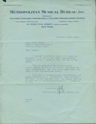 [Moore, Grace. (1898–1947)] Schang, Frederick Christian. (1808–1978) Typed Letter from the Metropolitan Musical Bureau