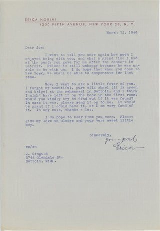 Morini, Erica. (1904-1995) [Gingold, Joseph. (1909-1995)] Typed Letter Signed to Josef Gingold