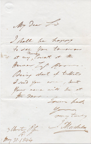 Moscheles, Ignaz. (1794–1870) Autograph Letter to Vincent Novello