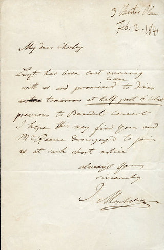 [Liszt, Franz. (1811–1886)] Moscheles, Ignaz. (1794–1870) Autograph Letter Regarding Liszt