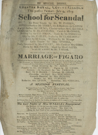 [Mozart, Wolfgang Amadeus. (1756–1791)] Kemble, Charles. (1775–1856) Liston, John. (1776–1846) Stephens, Catherine. (1794–1882) "After which (15th time with some omissions), the Opera of The Marriage of Figaro" - Original 1819 Broadside