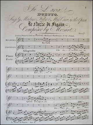 Mozart, Wolfgang Amadeus. (1756–1791) Su L'aria. Duetto. Sung by Madame Fodor & Miss Corri, in...Le Nozze di Figaro.