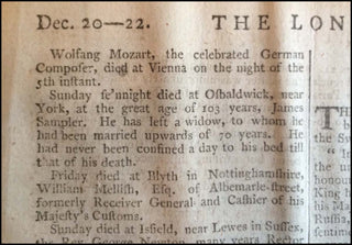 [Mozart, Wolfgang Amadeus. (1756–1791)] 1791 "London Chronicle" Recording Mozart's Death