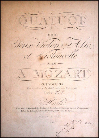 Mozart, Wolfgang Amadeus. (1756–1791) Quatuor pour deux Violons, Alto, et Violoncellle...Oeuvre 35. [String Quartet K. 499]