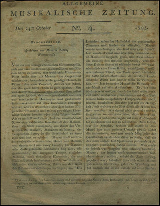 [Mozart, Wolfgang Amadeus. (1756–1791)] Rochlitz, Friedrich. (1769–1842) “Anekdoten von Mozart.” Allgemeine musikalische Zeitung. No. 4. Den 24ten October, 1798; No. 5. Den 31ten October, 1798