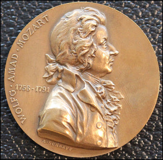 [Mozart, Wolfgang Amadeus. (1756–1791)] Scharff, Anton. (1845–1903) Bronze 1896 Portrait Medal