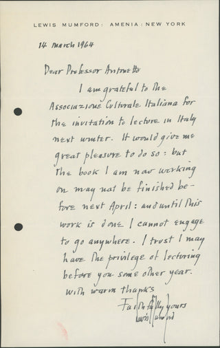 Mumford, Lewis. (1895–1990) "Until this work is done I cannot engage to go anywhere." - Autograph Letter Signed