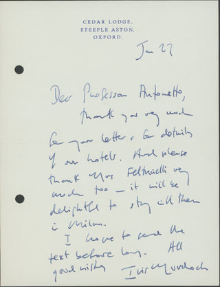 Murdoch, Iris. (1919–1999) "It will be delightful to stay with them in Milan" - Autograph Letter Signed