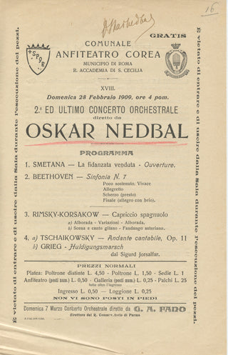 Nedbal, Oskar. (1874–1930) Signed Program