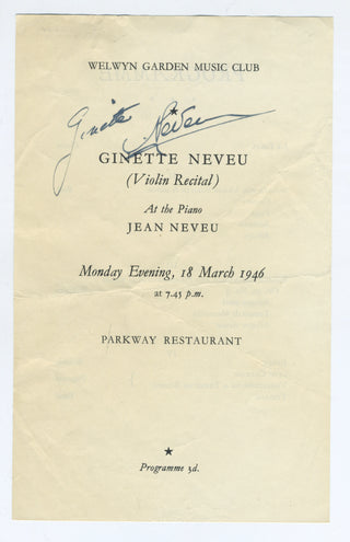 Neveu, Ginette. (1919–1949) Signed Recital Program